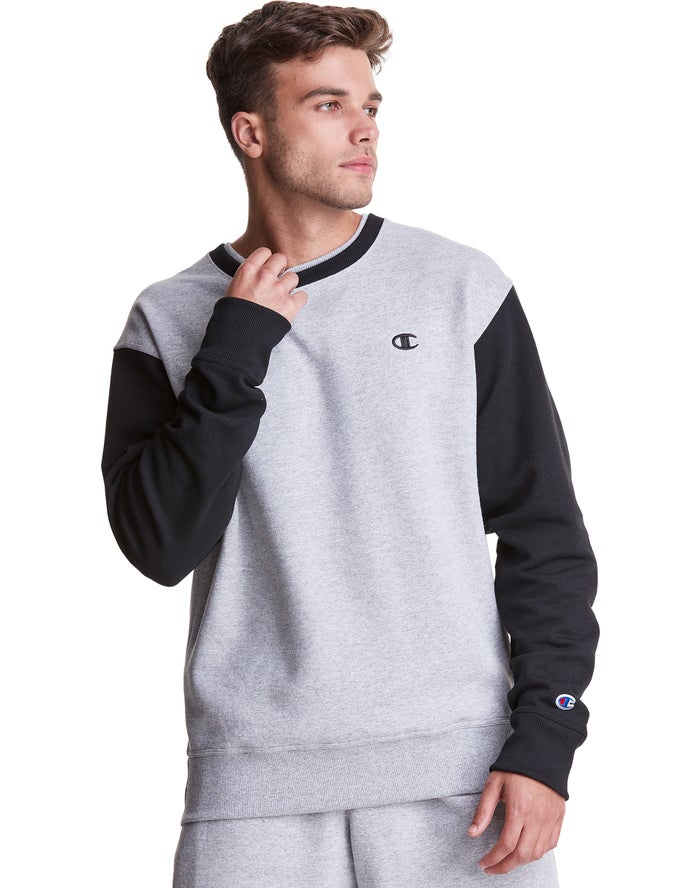 Champion Mens Sweatshirt NZ - Powerblend Fleece Crew Double Collar Crew Embroidered C Logo Grey/Blac